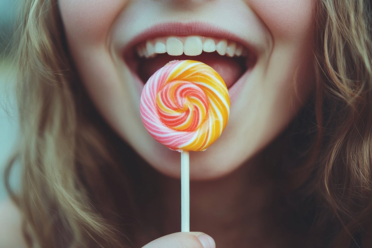 Close-up of a girl smiling with a colorful lollipop near her mouth.
