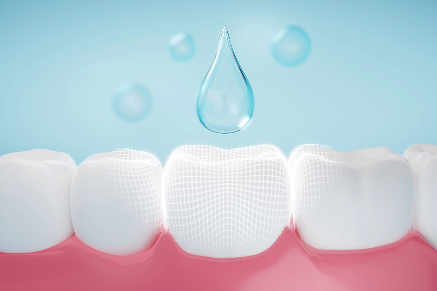 Illustration of fluoride droplet strengthening tooth enamel, symbolizing protection against cavities