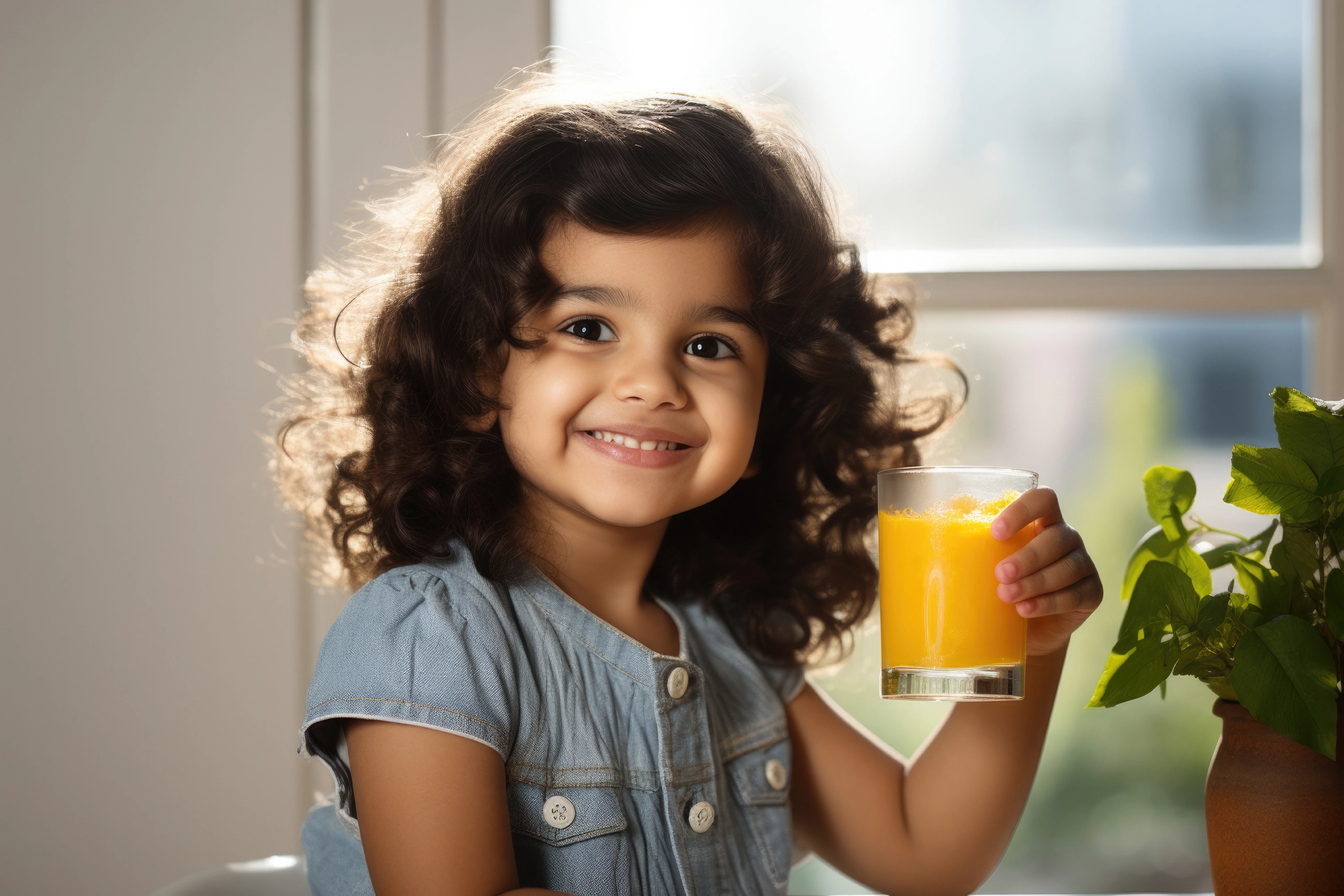 Smiling toddler girl holding a glass of orange juice at home