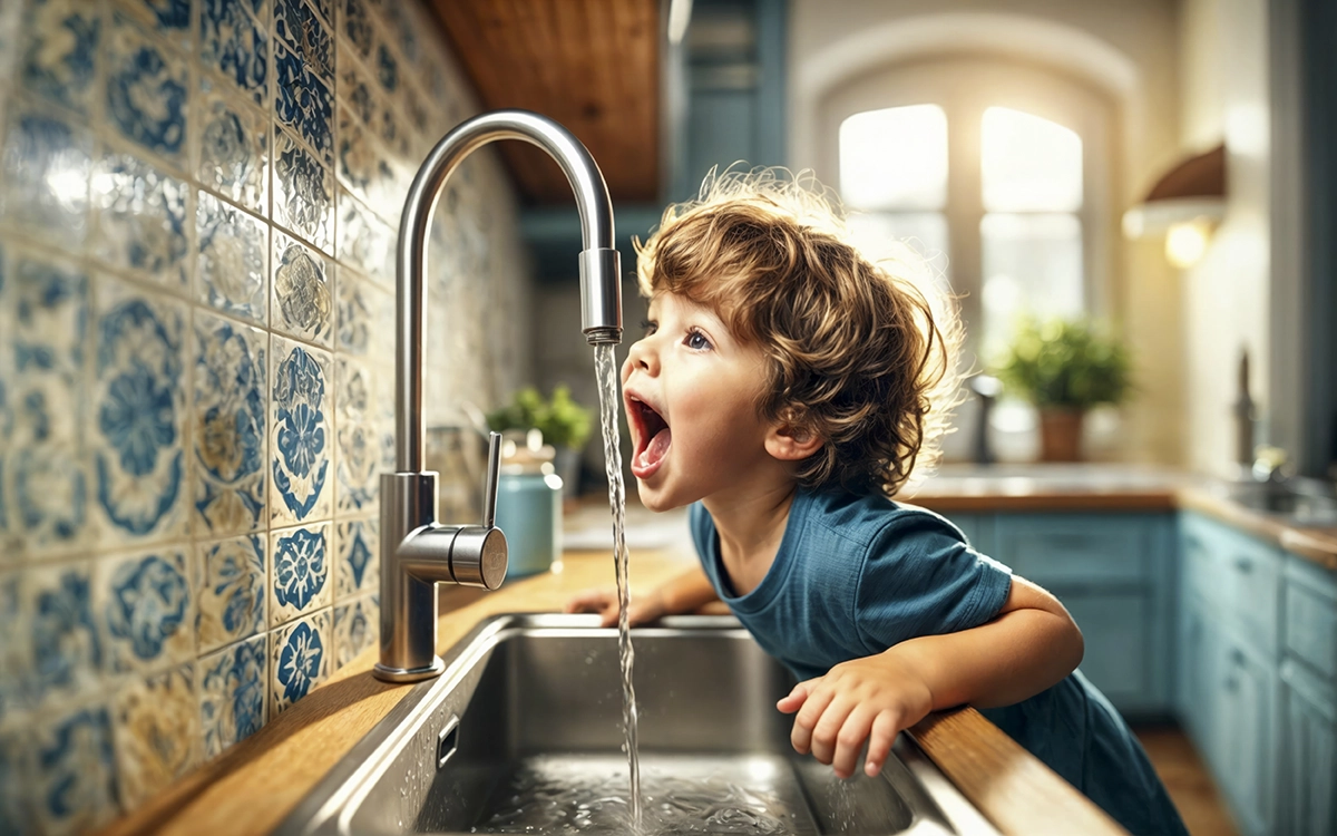 Young boy drinking tap water showing the safety of fluoride in drinking water