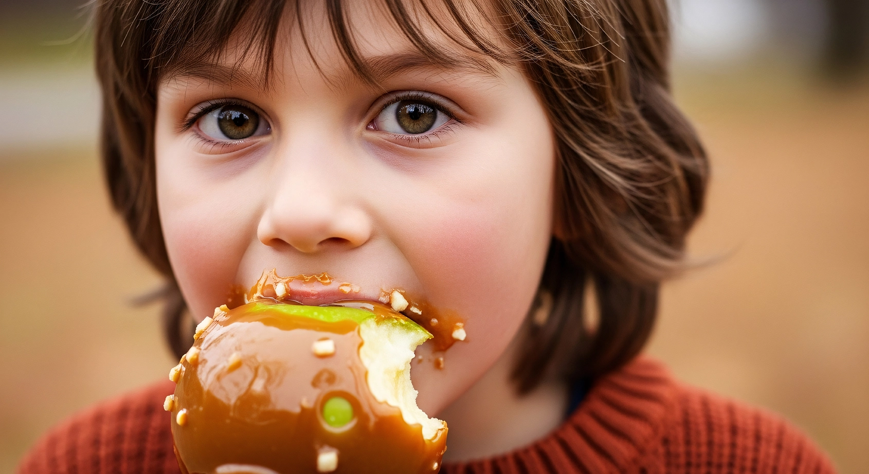 Child eating caramel apple showing the worst choices for fall treats for your teeth