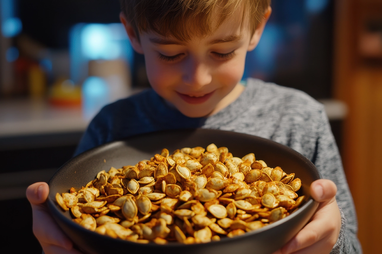 Child with pumpkin seeds for a dentist approved fall treat