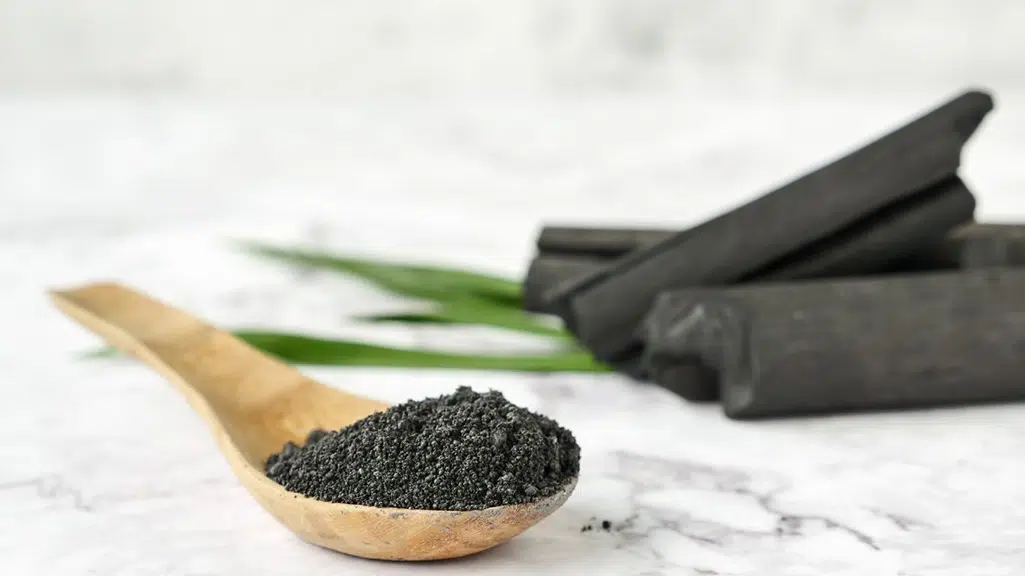 Spoon of activated charcoal explaining charcoal toothpaste