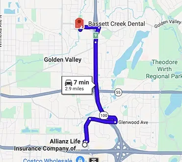 Map showing directions from Allianz Life Insurance to Bassett Creek Dental