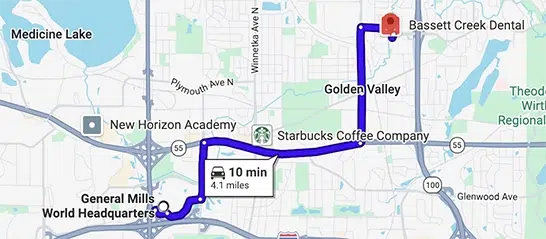 map showing directions from Bassett Creek Dental to General Mills World Headquarters