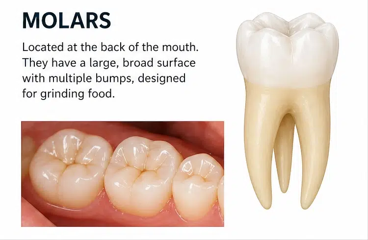 Molar teeth with explanation of what these teeth do