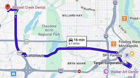 Map showing directions from Target Headquarters to Bassett Creek Dental