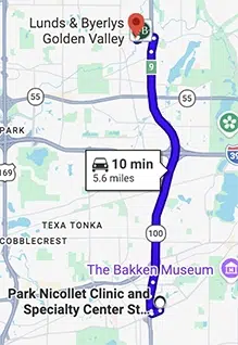 Map showing directions from Park Nicollet to Bassett Creek Dental